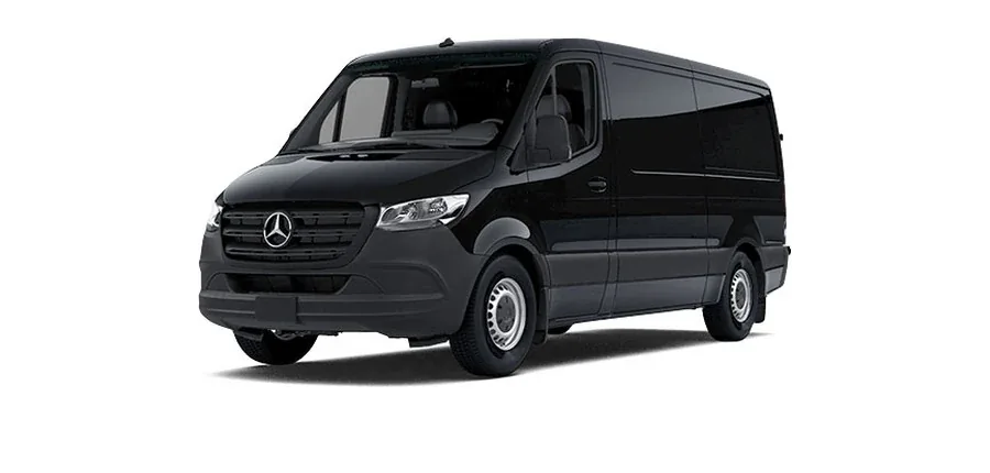 Interior and exterior view of a black Mercedes Sprinter van used for group transportation in Los Angeles